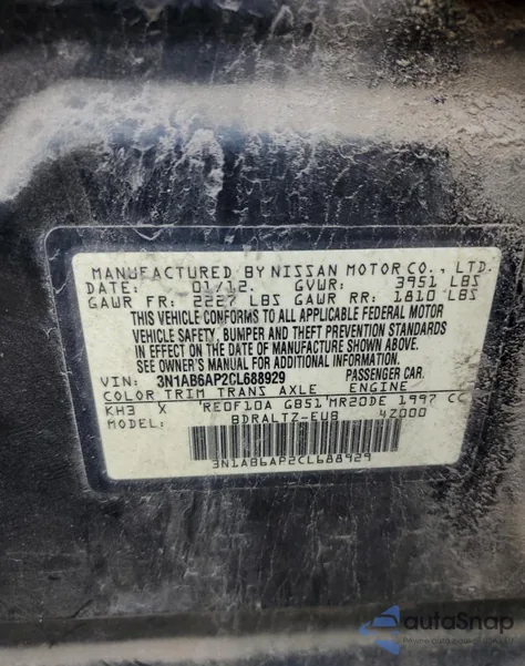 2012 Nissan Sentra 2.0 из США, поврежденный, VIN 3N1AB6AP2CL688929